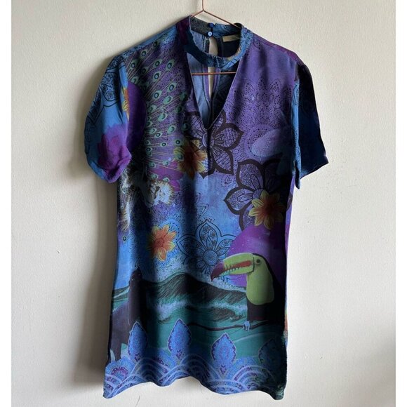 Desigual Womens Short Sleeve Exotic Forest Print Dress Blue Violet Size 38 - Picture 10 of 12